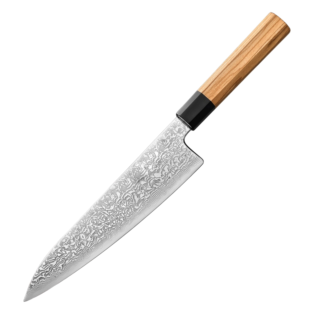 Chefmesser Damastmesser 7 Zoll Olivenholzgriff und Büffelhorn