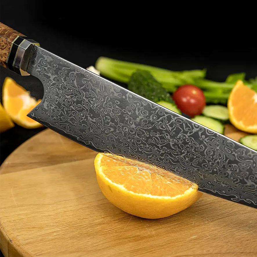 Damast Kuechenmesser mit Epoxy Holzgriff