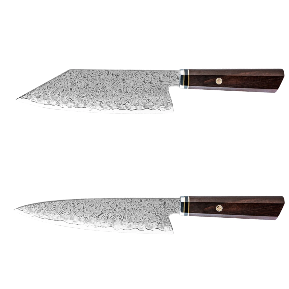 Damastmesser Set mit Griff aus Ebenholz. Bunka und Allzweckmesser