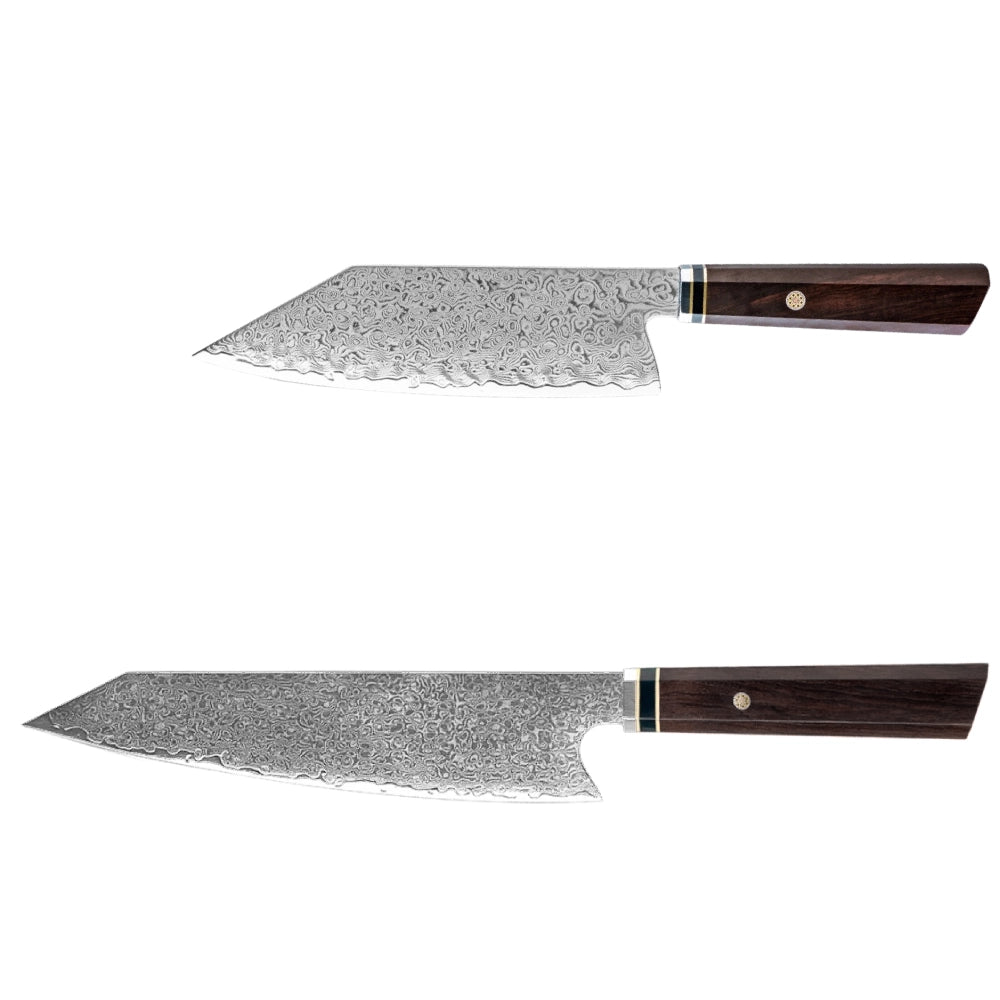 Damastmesser Set mit Griff aus Ebenholz. Bunka und Kiritsuke