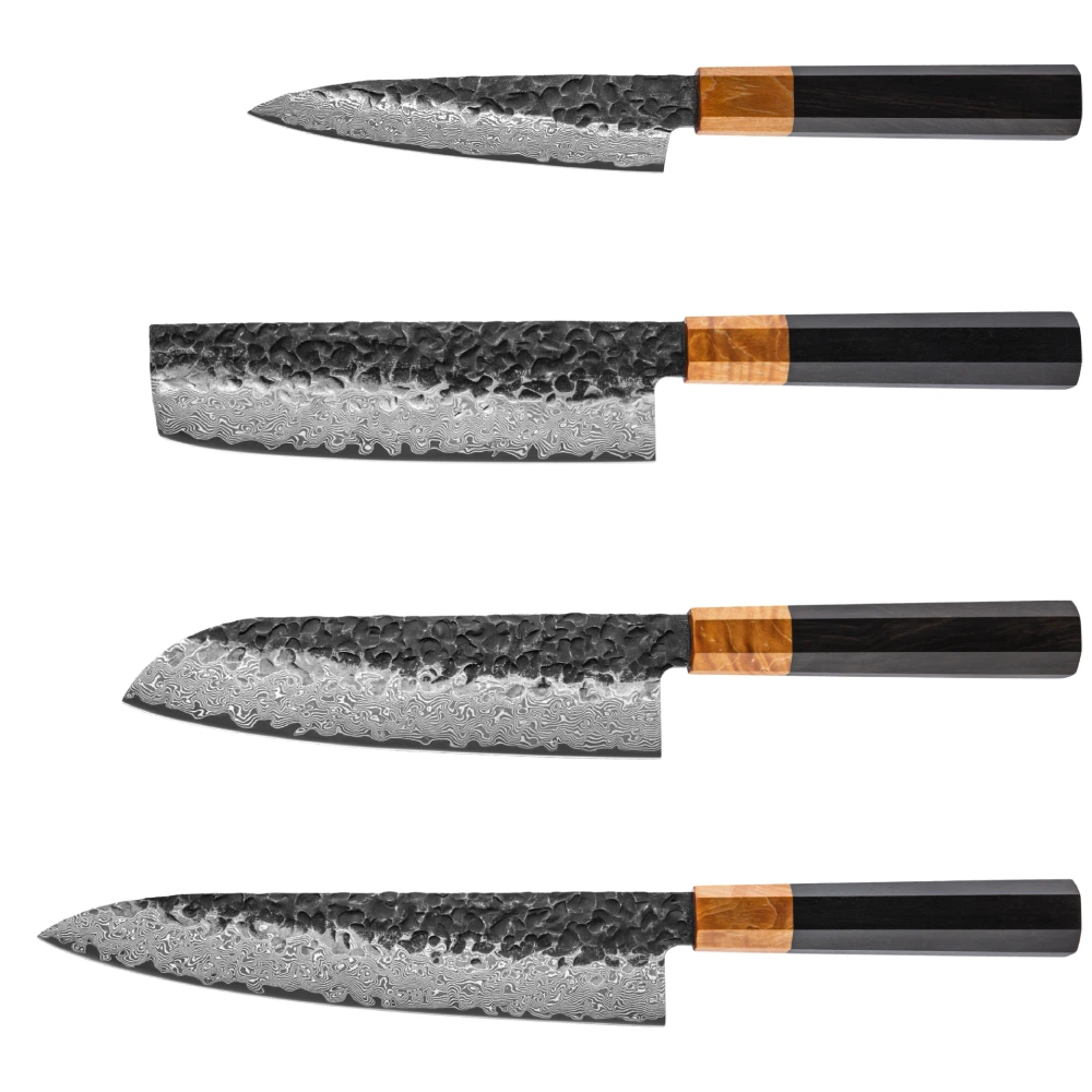 Damastmesser Set mit Griff aus Ebenholz und Wurzelholz. Allzweckmesser, Nakiri, Santoku und Chefmesser
