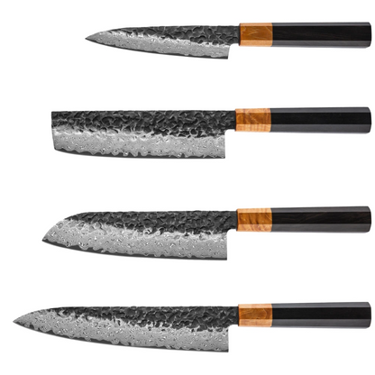 Damastmesser Set mit Griff aus Ebenholz und Wurzelholz. Allzweckmesser, Nakiri, Santoku und Chefmesser