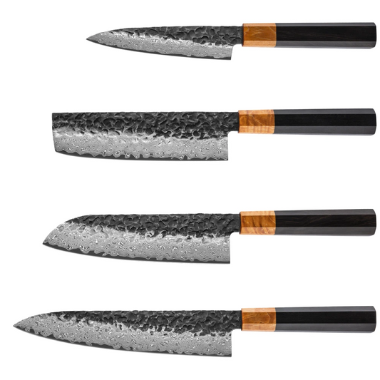 Damastmesser Set mit Griff aus Ebenholz und Wurzelholz. Allzweckmesser, Nakiri, Santoku und Chefmesser