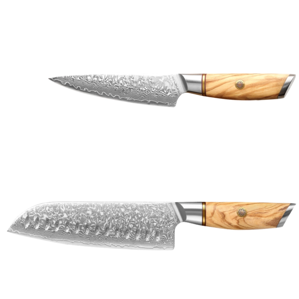 Damastmesser Set mit Griff aus Olivenholz. Allzweckmesser und Santoku.