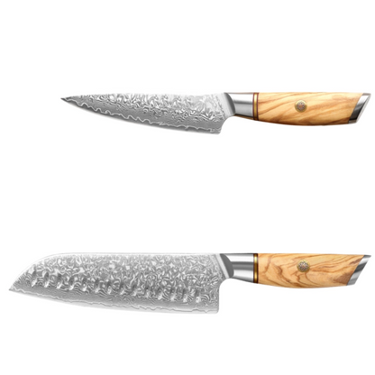 Damastmesser Set mit Griff aus Olivenholz. Allzweckmesser und Santoku.