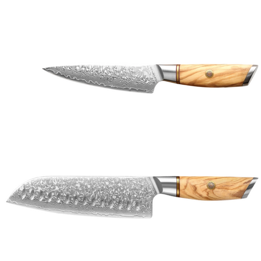 Damastmesser Set mit Griff aus Olivenholz. Allzweckmesser und Santoku.