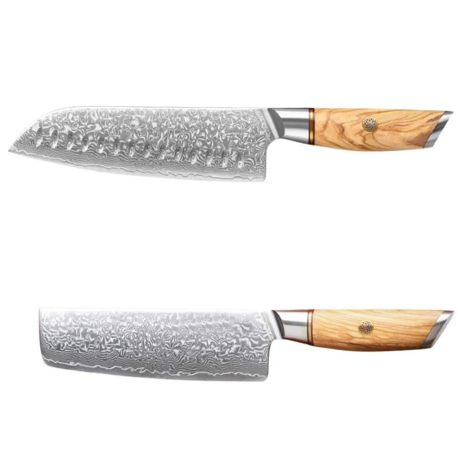 Damastmesser Set mit Griff aus Olivenholz. Santoku und Nakiri