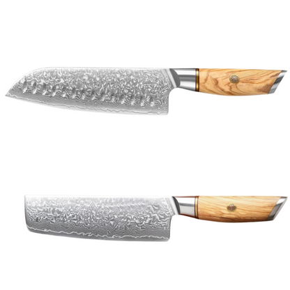 Damastmesser Set mit Griff aus Olivenholz. Santoku und Nakiri