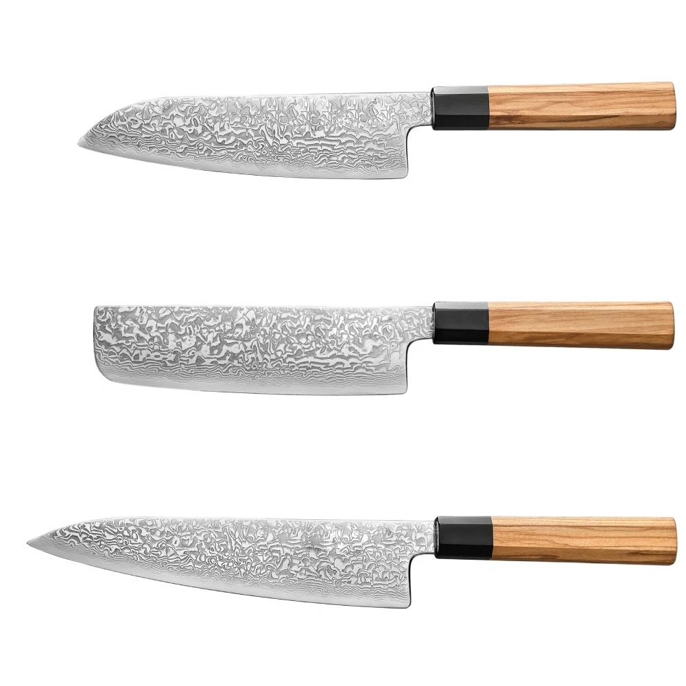 Damastmesser Set mit Griff aus Olivenholz und Büffelhorn. Santoku, Nakiri und Chefmesser