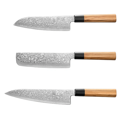 Damastmesser Set mit Griff aus Olivenholz und Büffelhorn. Santoku, Nakiri und Chefmesser