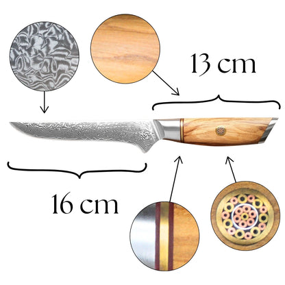 Filetiermesser Damastmesser 6 Zoll Olivenholzgriff Details