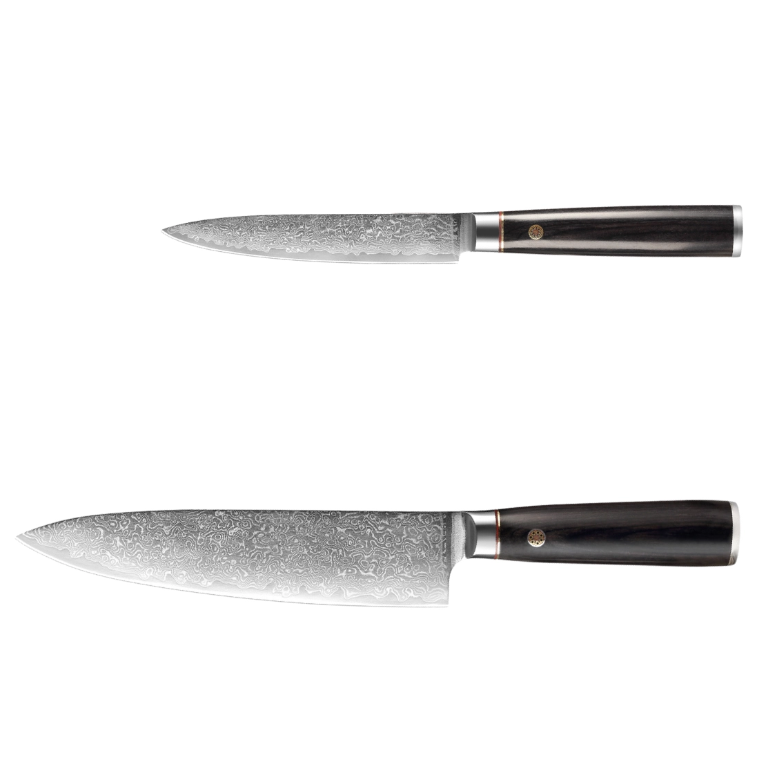 Damastmesser Set mit Griff aus schwarzen Pakkaholz. Allzweckmesser und Chefmesser.