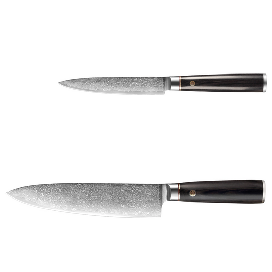 Damastmesser Set mit Griff aus schwarzen Pakkaholz. Allzweckmesser und Chefmesser.