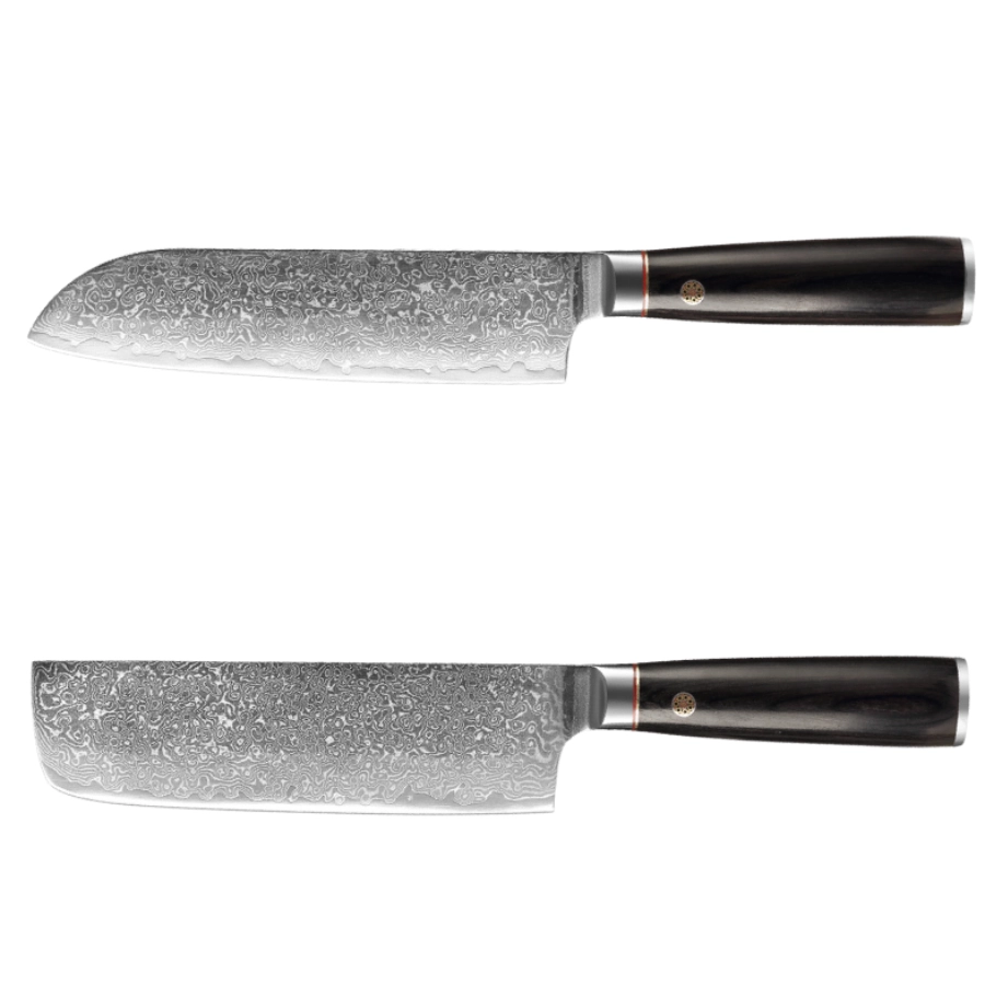 Damastmesser Set mit Griff aus schwarzen Pakkaholz. Santoku und Nakiri.