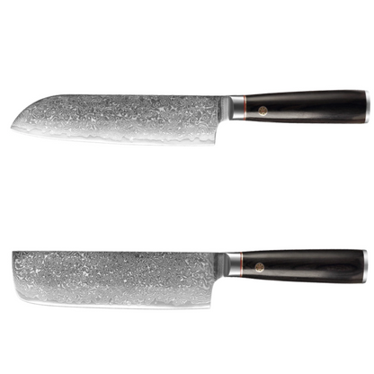Damastmesser Set mit Griff aus schwarzen Pakkaholz. Santoku und Nakiri.