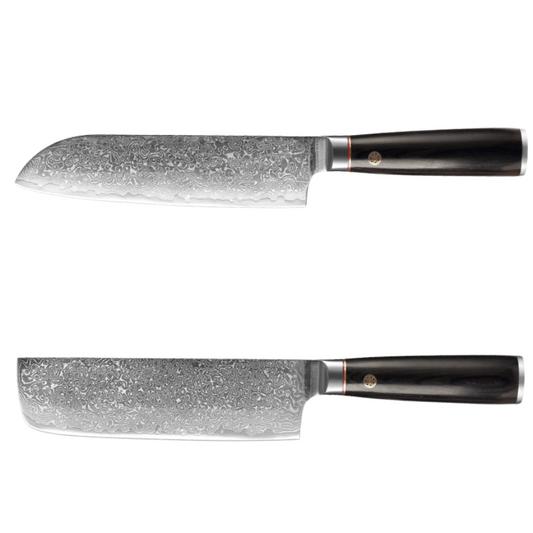 Damastmesser Set mit Griff aus schwarzen Pakkaholz. Santoku und Nakiri.