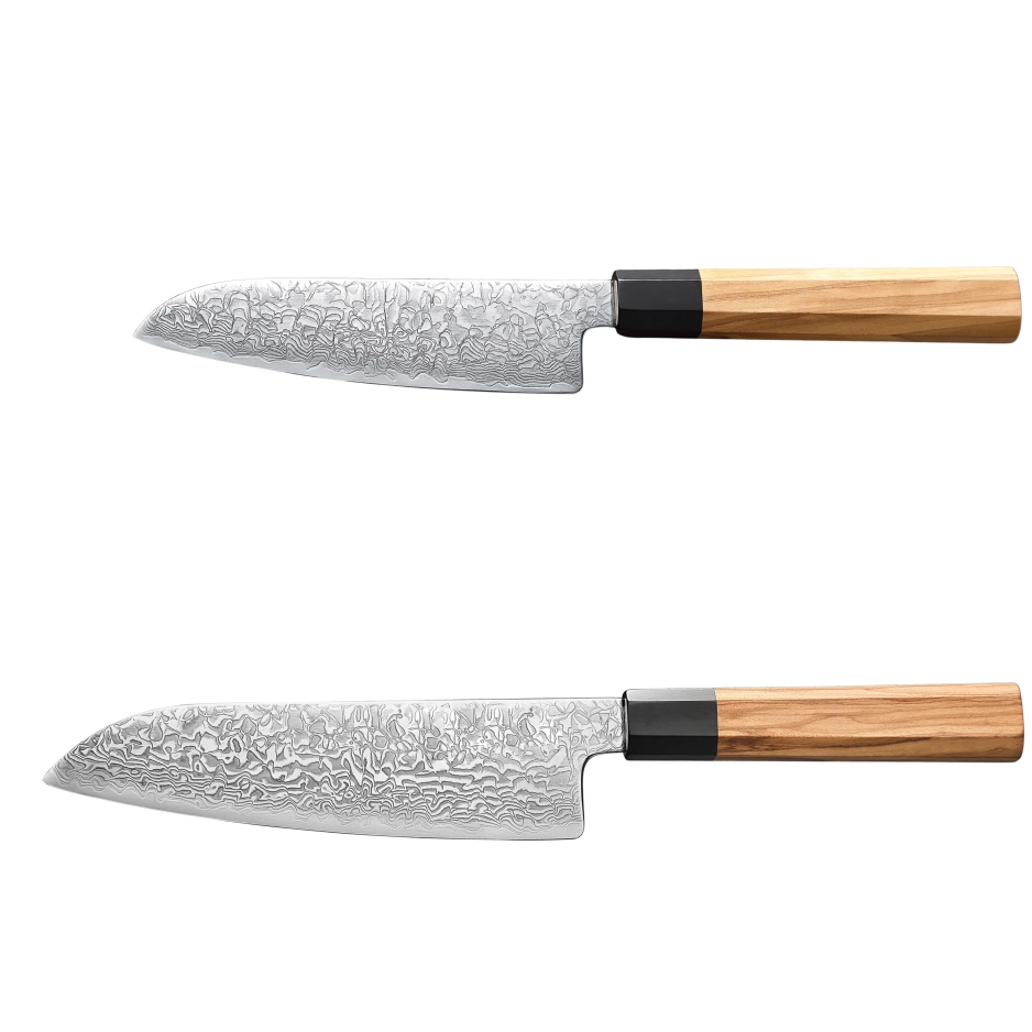 Damastmesser Set mit Griff aus Olivenholz und Büffelhorn. Kleines und großes Santoku.