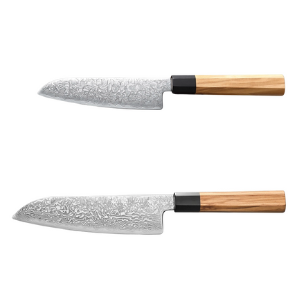 Damastmesser Set mit Griff aus Olivenholz und Büffelhorn. Kleines und großes Santoku.