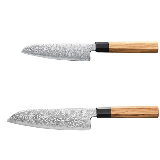 Damastmesser Set mit Griff aus Olivenholz und Büffelhorn. Kleines und großes Santoku.
