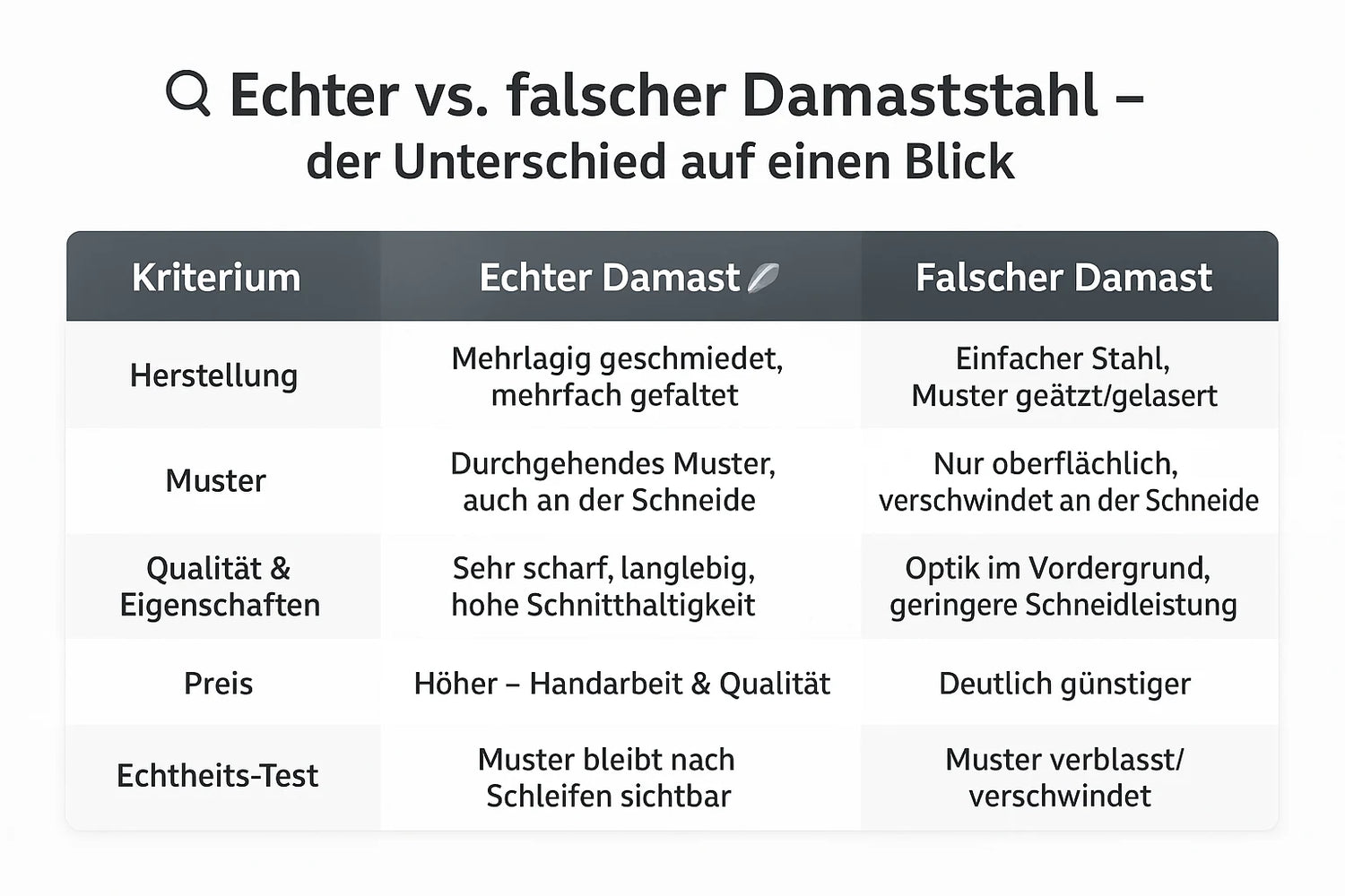 Vergleichstabelle echter sowie falscher Damaststahl