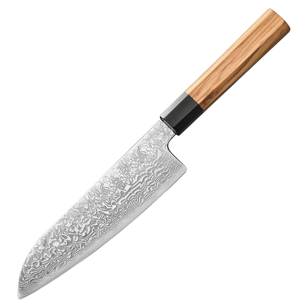 Santoku Damastmesser 7 Zoll Olivenholzgriff und Büffelhorn