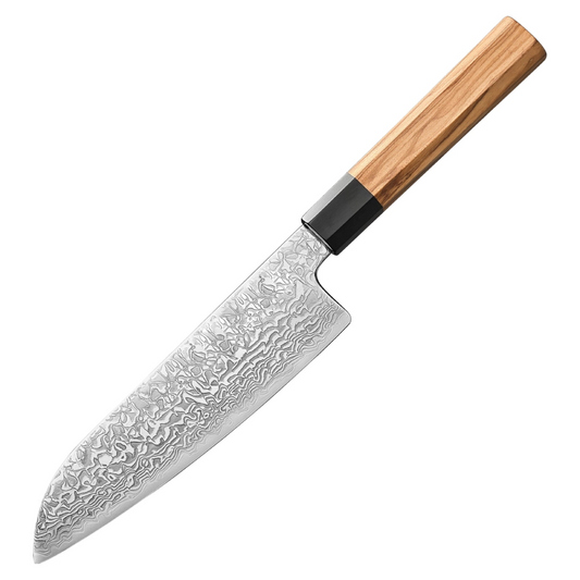 Santoku Damastmesser 7 Zoll Olivenholzgriff und Büffelhorn